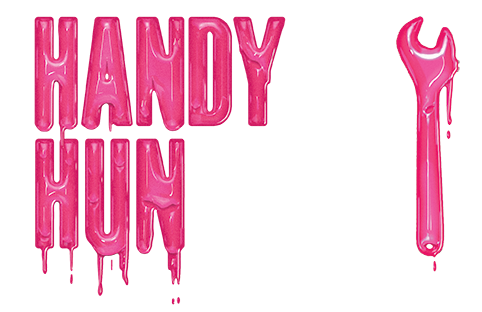 Hot pink handy hun logo with dripping text and spanner on sunshine yellow background